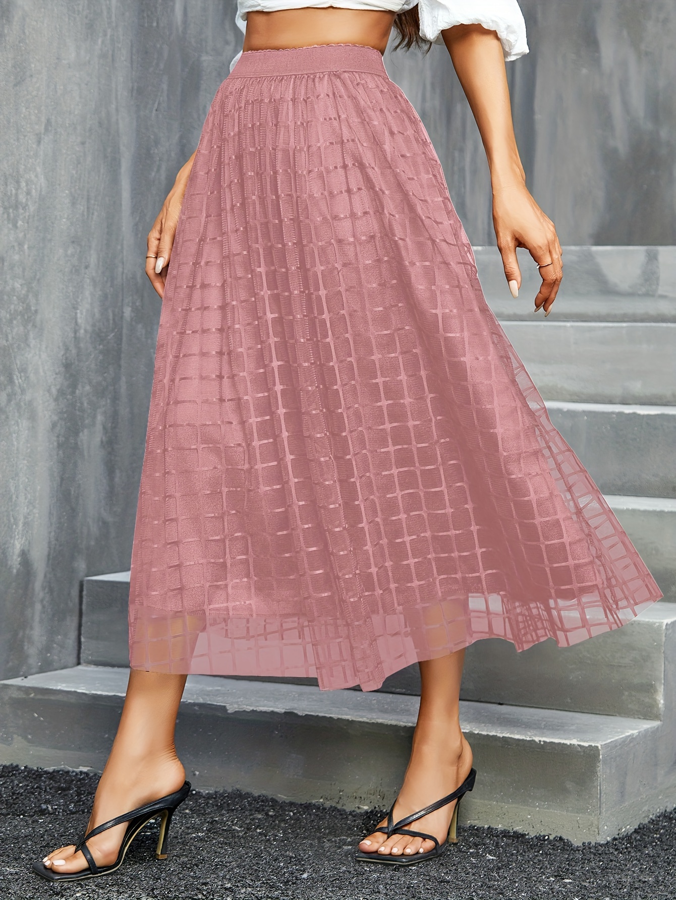 Plaid Pattern Mesh Skirt Casual High Waist Midi Skirt - Temu 