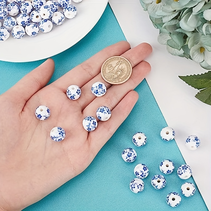 Round Porcelain Beads Ceramic Loose Beads With Blue Flowers - Temu