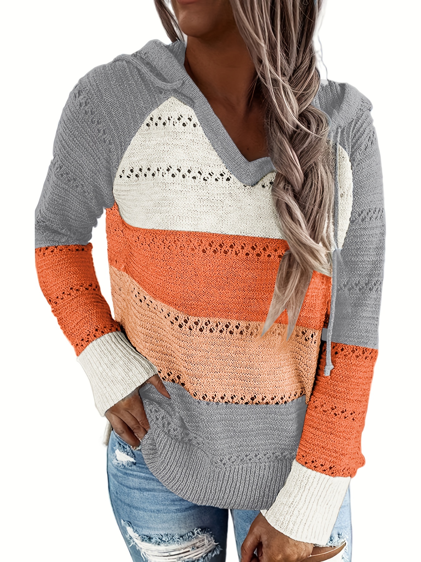 Color Block Drawstring Hooded Sweater Casual Long Sleeve - Temu