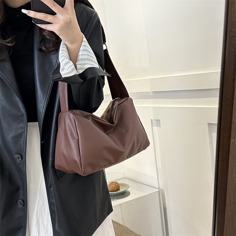 1pc Korean Style Synthetic Leather Tote Bag for Women, Adjustable Strap Zippered Shoulder Bag with Polyester Lining, Versatile Solid Color Messenger Crossbody Purse in Brown, Black, Beige, Green, White - Hand Wash/Dry Clean, Everyday Shoulder Bag | Minimalist Tote | Adjustable Strap Bag