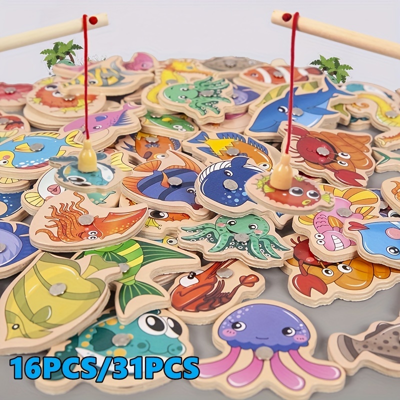 Montessori Wooden Magnetic Fishing Toys Cartoon Marine Life - Temu Canada