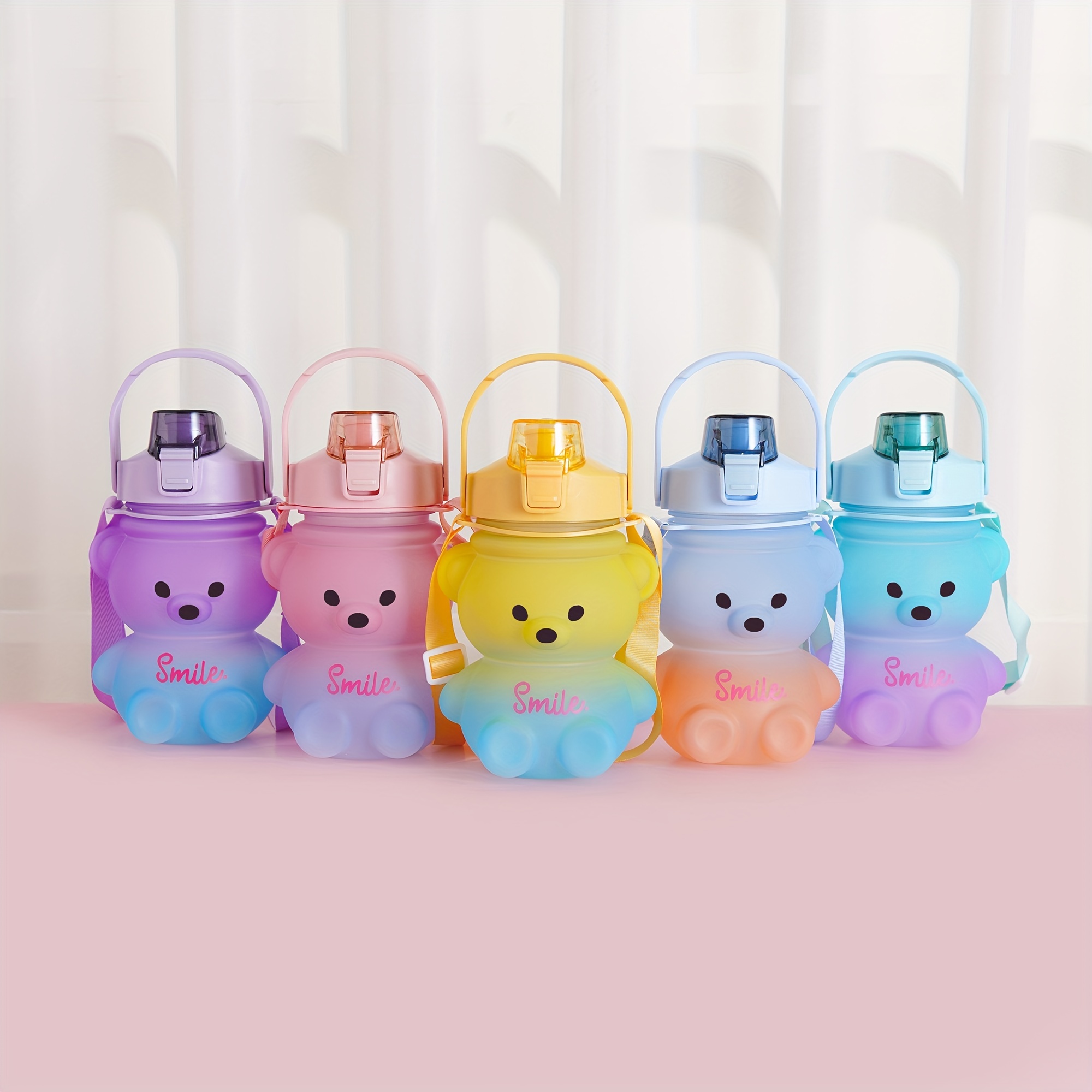Bottles Kawaii Bear Plastic Water Bottle with Straw Shoulder Strap Cute  Kids