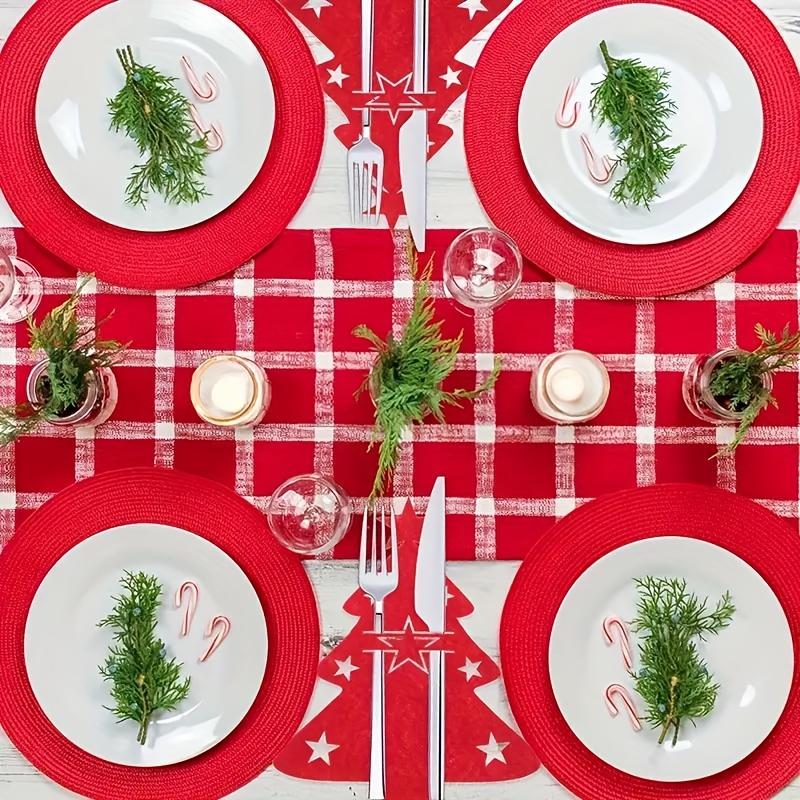 Porte Couverts de Noël, 8 Pièces Sac à Couverts en Feutre Sapin de Noël  Paniers à Couvert Decoration de Table Noël, Rouge Vert Couteaux Fourchettes  Cuillères Vaisselle Sacs à Couverts de Dîner