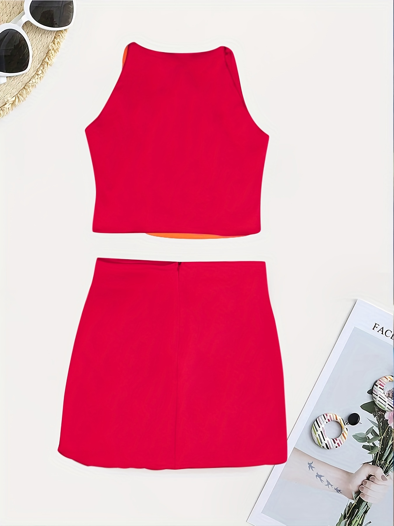 Beaded Block Crop Halter Top & Asymmetrical High Waist Skirt Set