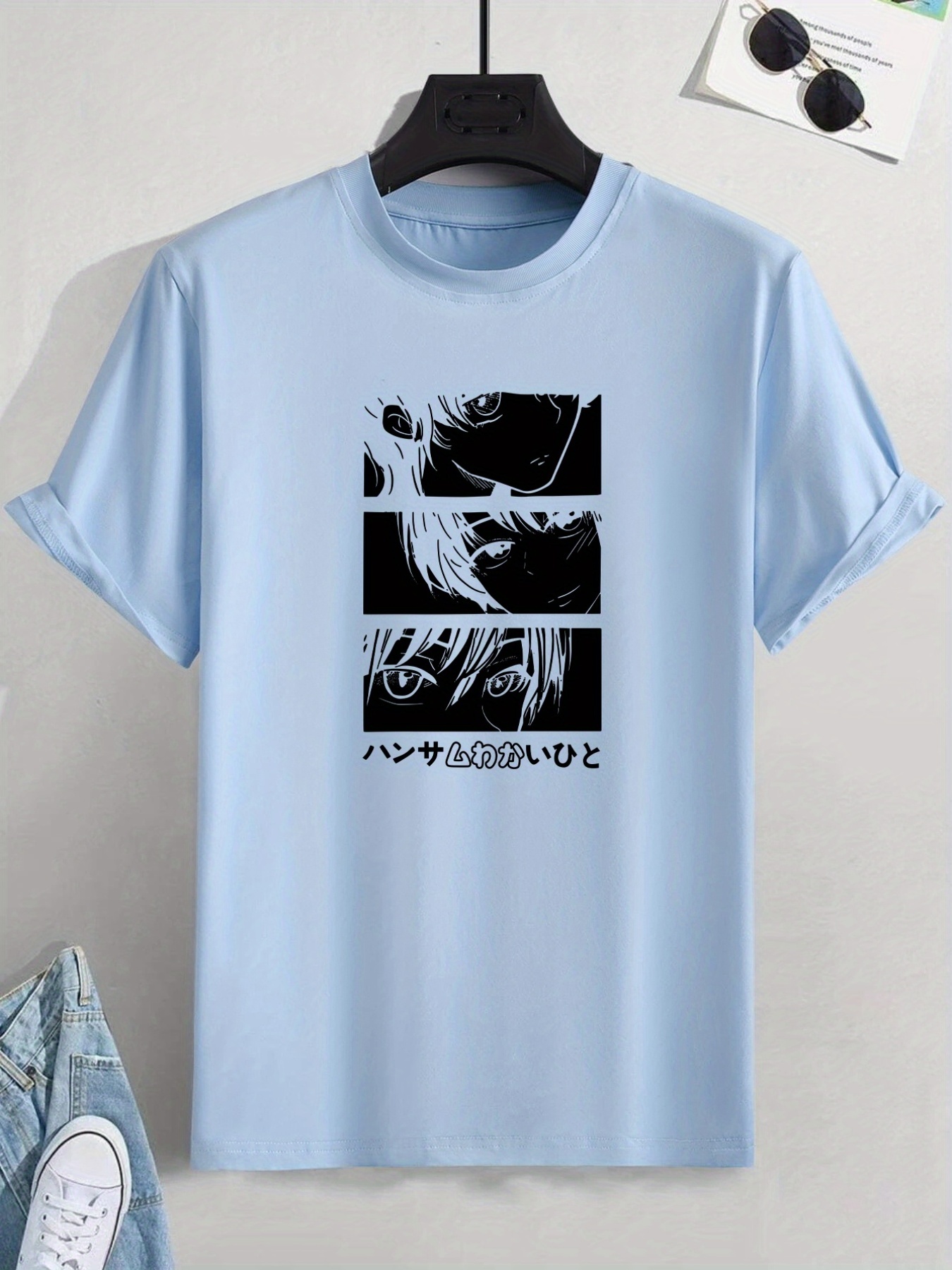 Mens Casual Crew Neck Short Sleeves Anime Character Print T Shirt