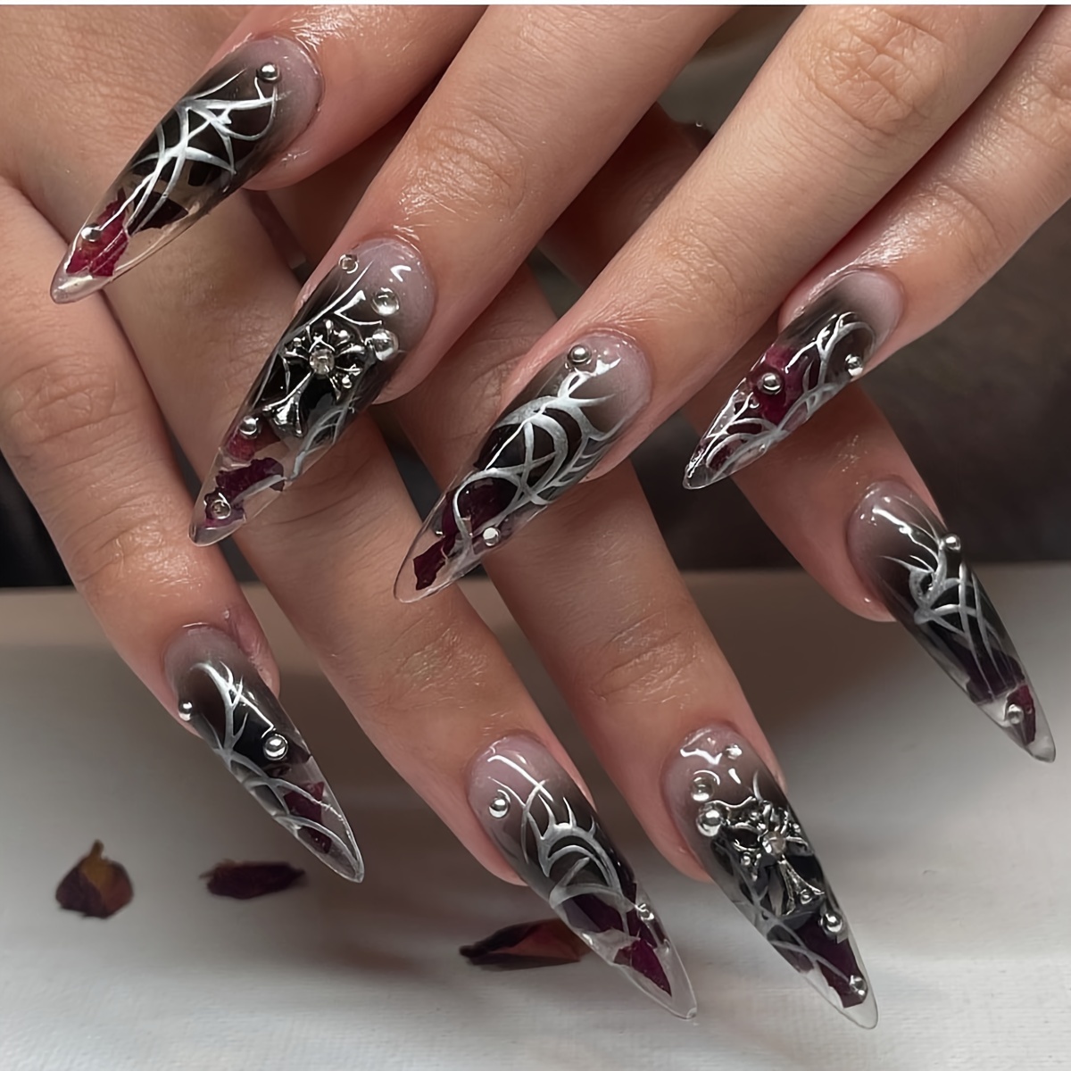 

24pcs Gothic Style Press On Nails, Black Red Gradient Fake Nails With Silvery Stripe And Rhinestone Design, Long Stiletto Shape Sweet Cool False Nails For Women Girls
