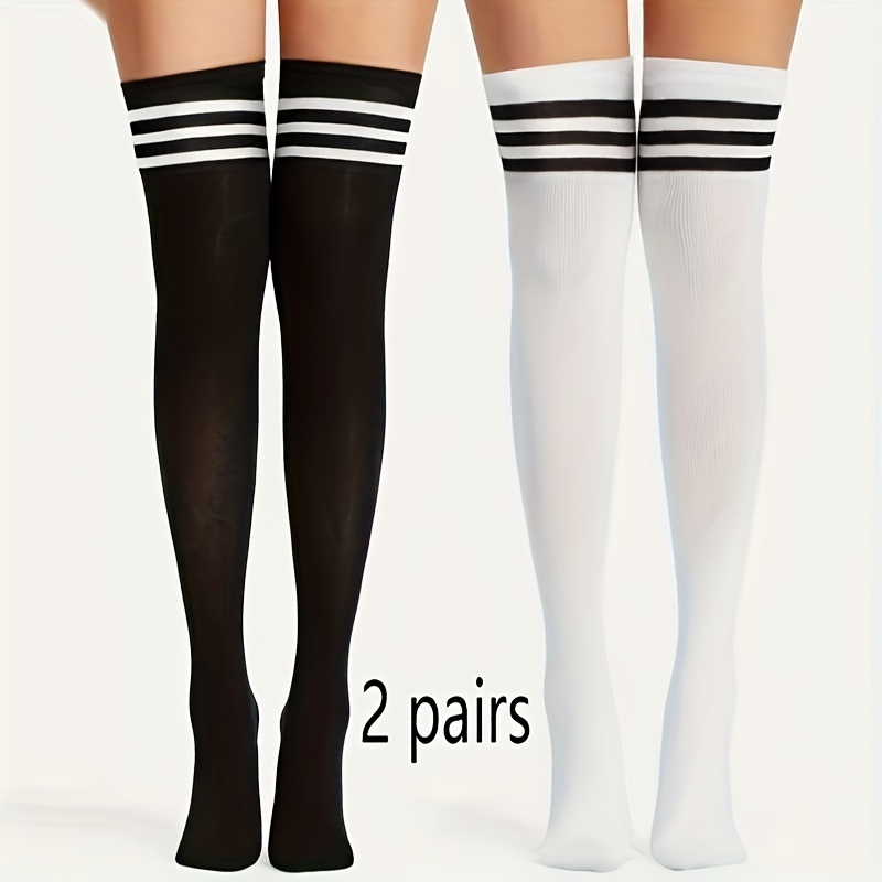 

2 Pairs Striped Print Thigh High Stockings, College Style Over The Knee Socks, Women's Stockings & Hosiery