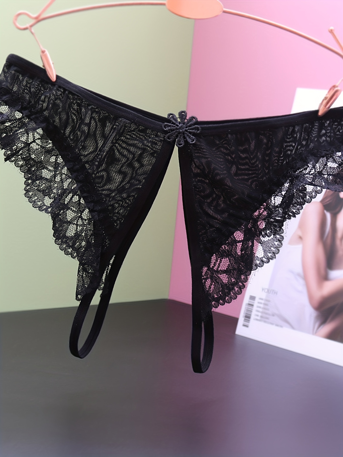 Womens Sexy Underwear Strappy Hollow Lace Jacquard Three Point Sexy Thong,  Black, Small : : Clothing, Shoes & Accessories