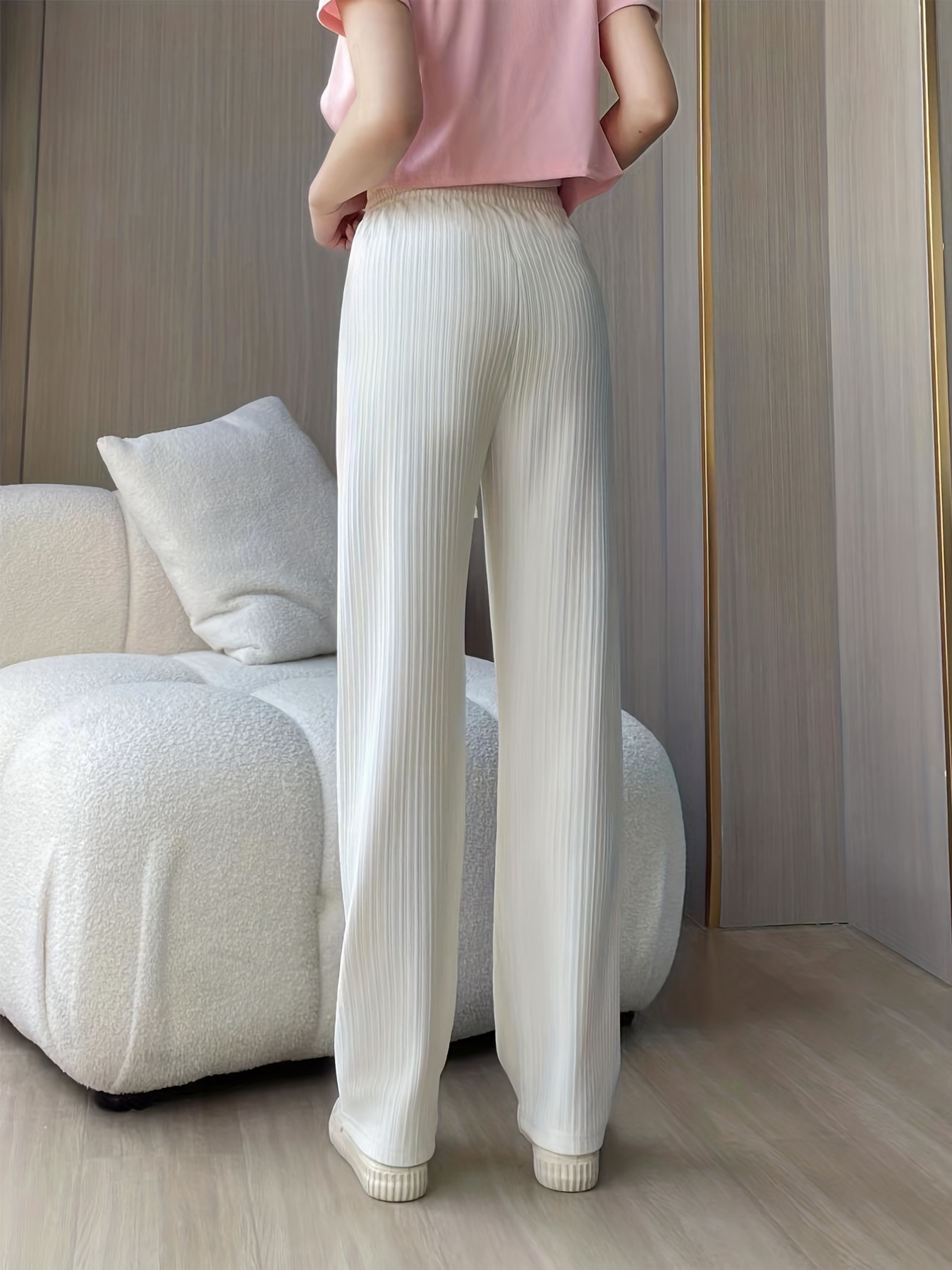 Drawstring Knitted Straight Pants Casual Elastic Solid High - Temu 