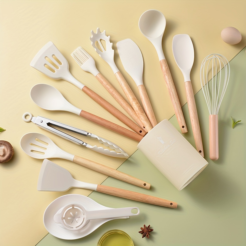 Non-stick Silicone Cooking Utensils Set With Natural Wooden