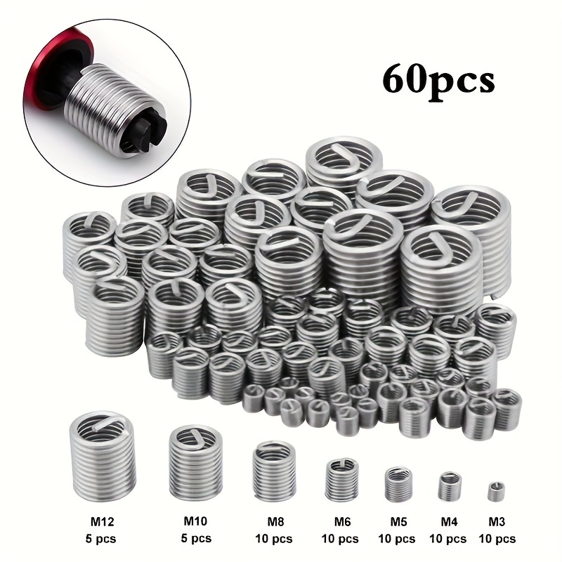 60pcs/set Stainless Steel Thread Repair Kit M3 M4 M5 M6 M8 M10 M12  Stainless Steel Fine Thread Helicoil Insert Wire Threaded Inserts