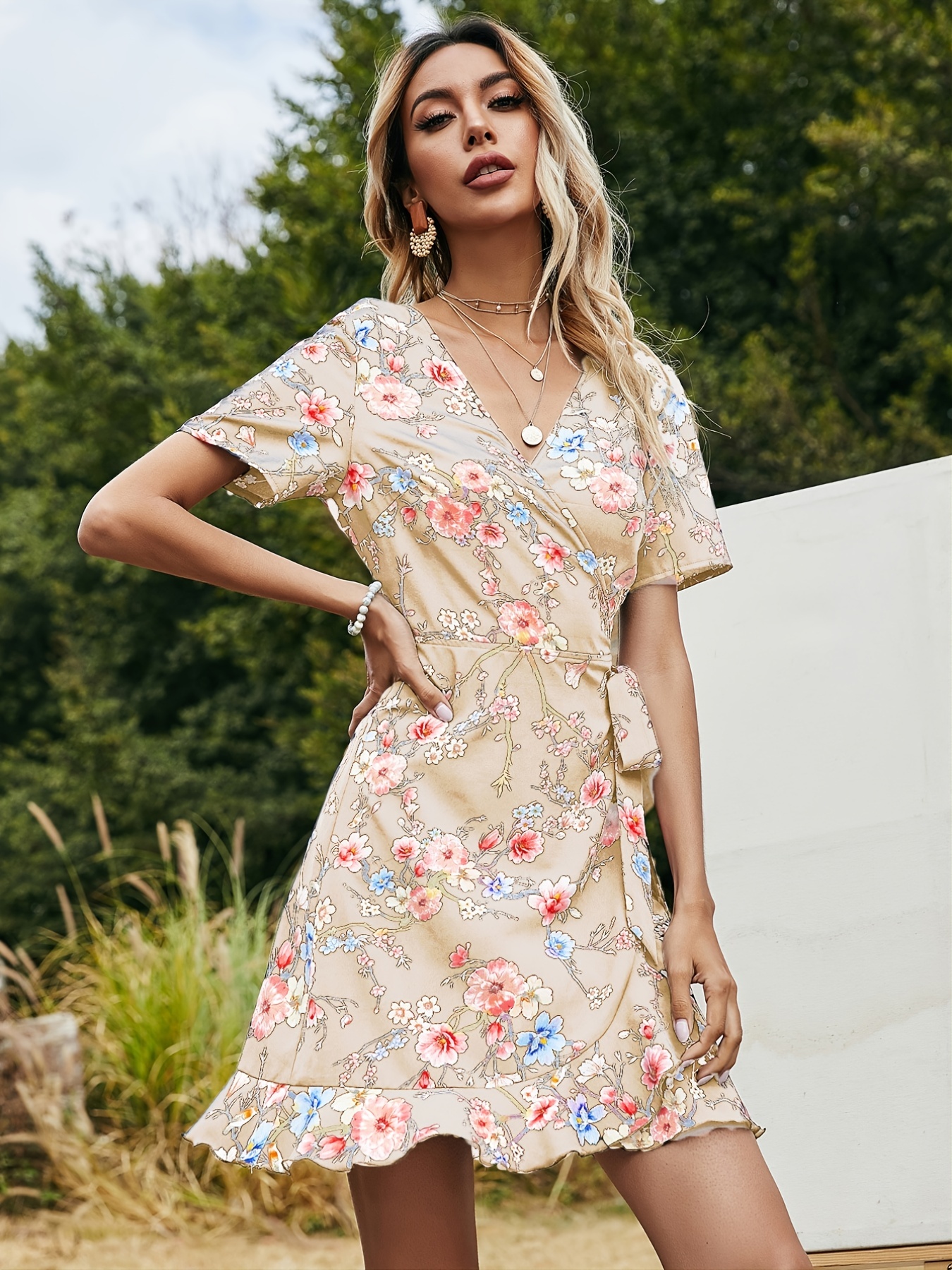 Wrap Dress Women Casual Slimming Draw Back Printed Short Sleeves Cold  Shoulder Dress Try Before You Buy Womens Clothing Dresses on Clearance 