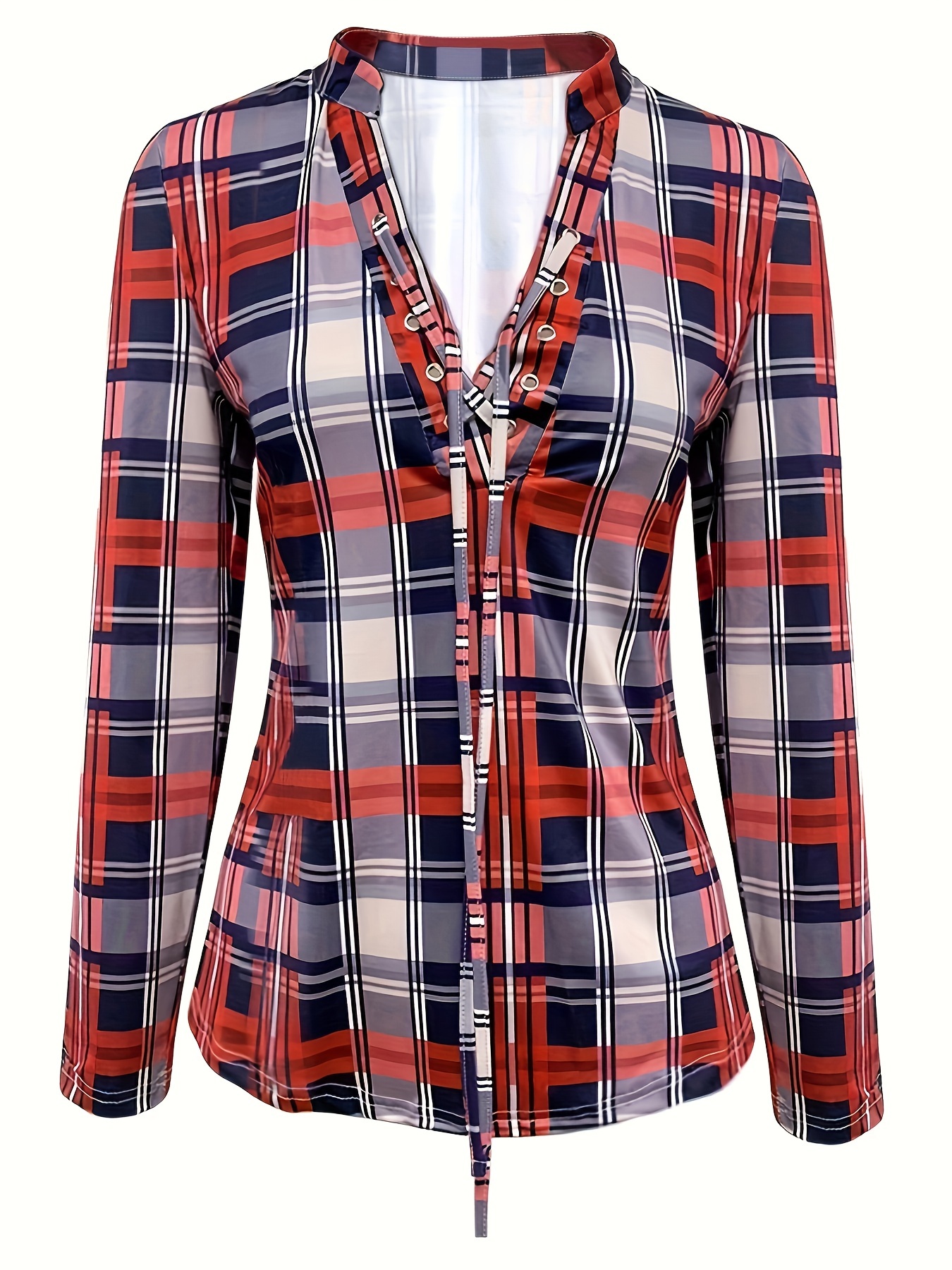 plaid print lace up front blouse