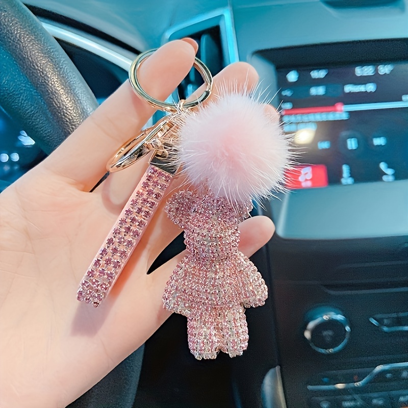 Key Chain, Pom Pom Keychain with diamond bear and Artificial Fur