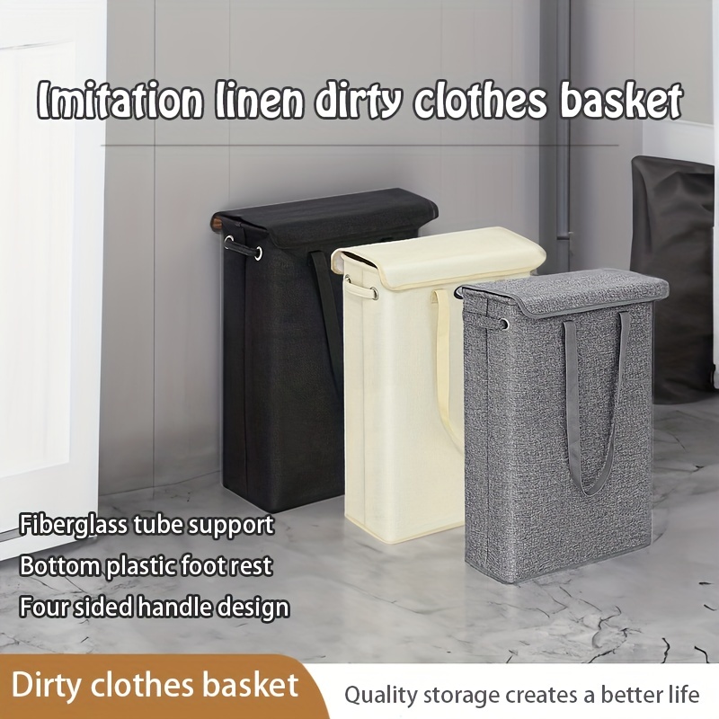 

1pc Slim Laundry Basket With Lid, Tall Thin Laundry Hamper With Handles, Waterproof Linen Fabric Dirty Clothes Storage Basket For Bathroom Bedroom Dorm Organization