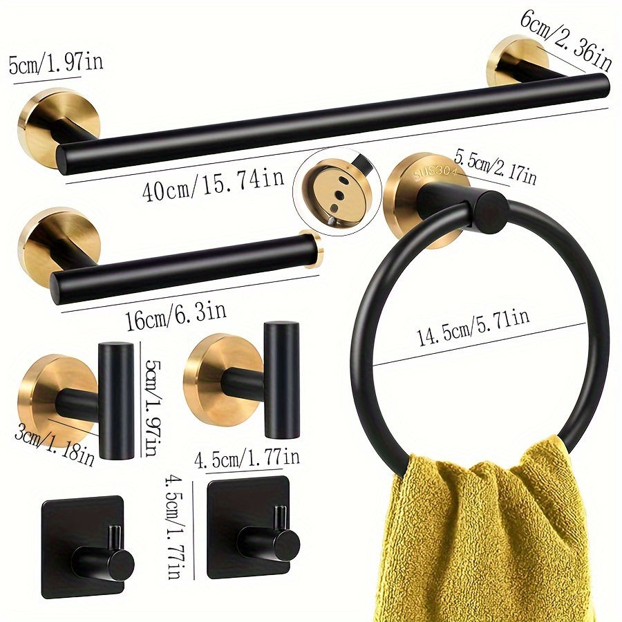 BWE 5-Piece Gold Black Decorative Bathroom Hardware Set with Towel Bar, Toilet Paper Holder, Towel Ring and Robe Hook