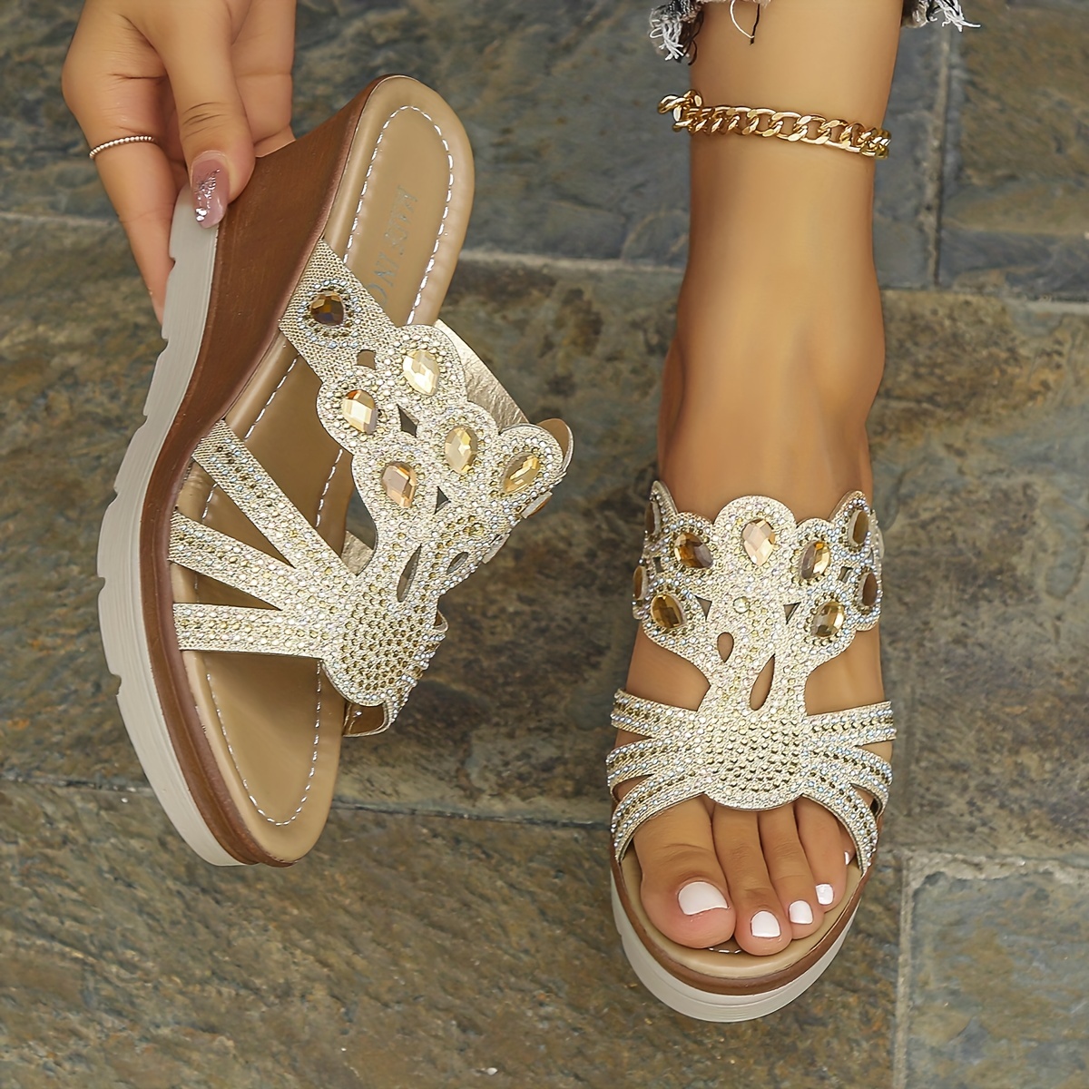 Trendy Faux Suede Jeweled Cutout Wide Width Wedges Slingback Sandals