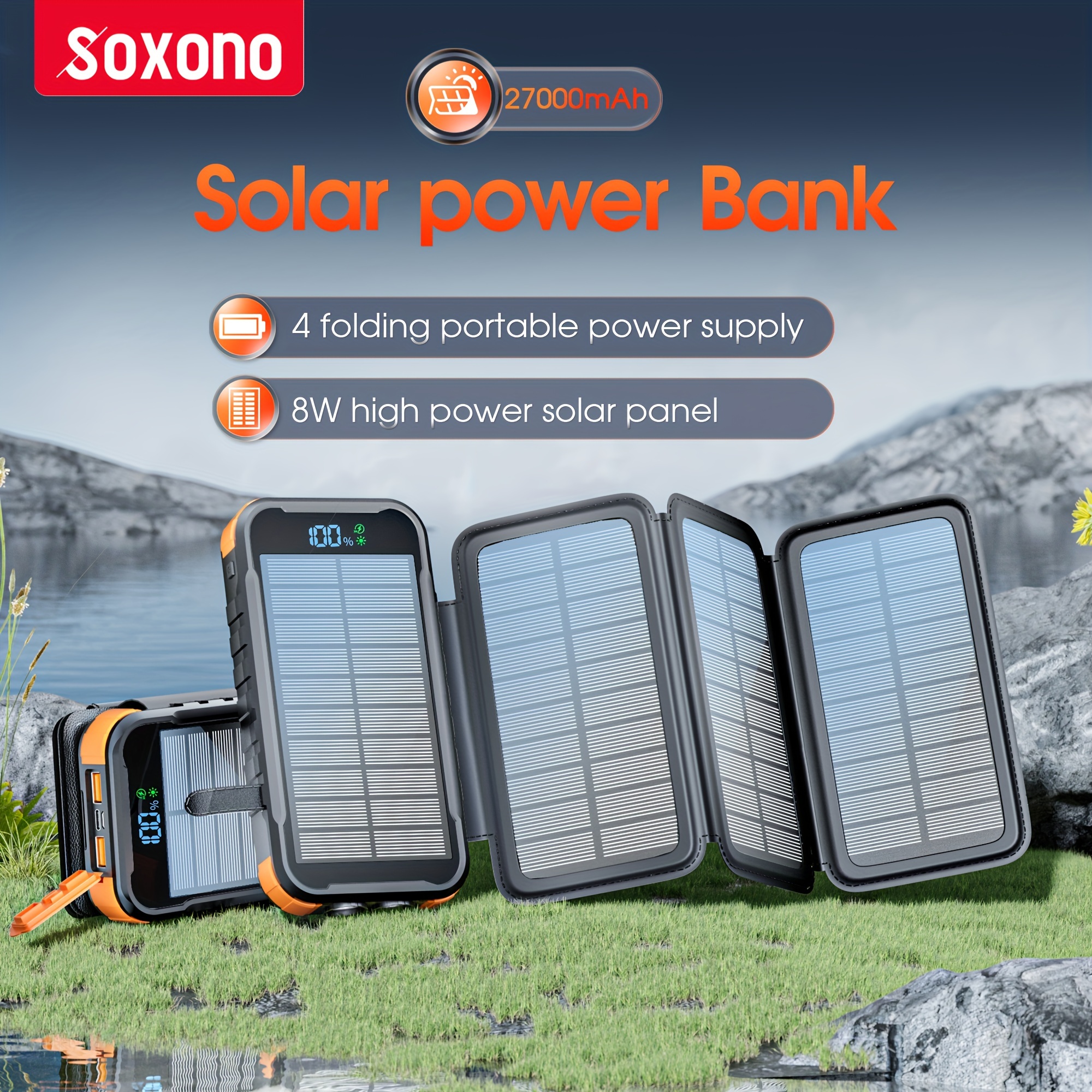 Solar Charger Power Bank 27000mAh with 4 Solar Panels