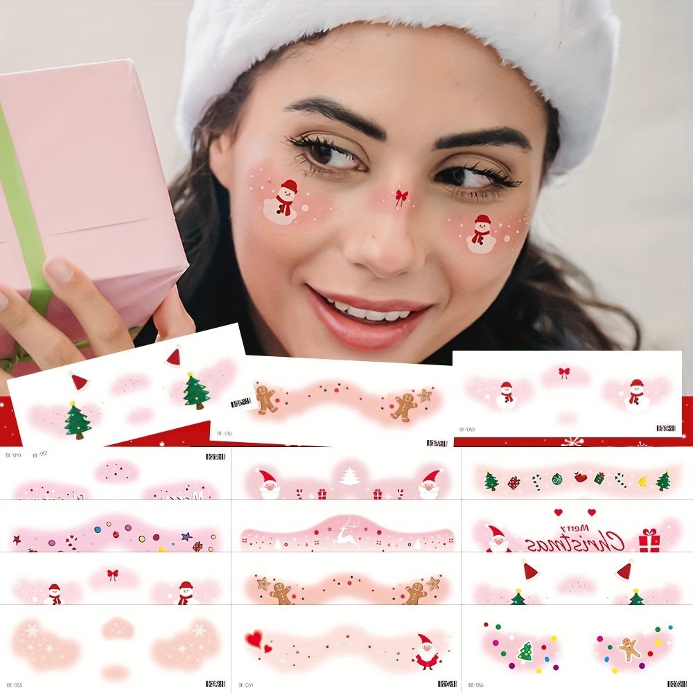 【Merry, Merry Christmas】12 Sheets Christmas Makeup Face Tattoos Stickers  Waterproof Sweet Santa Claus Snowman Makeup Stickers Lovely Face Tattoos For