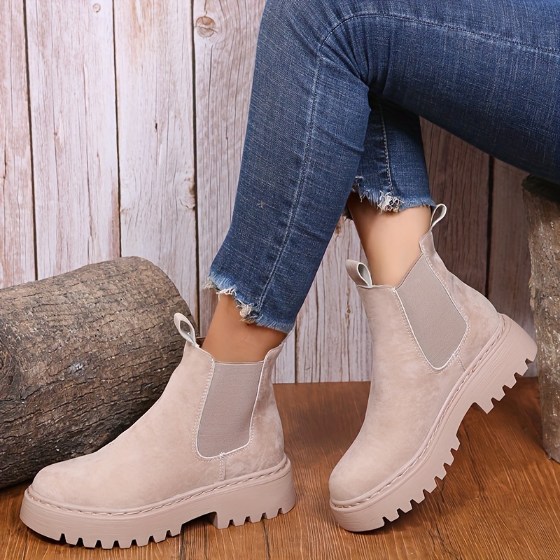 Women's Platform Chelsea Boots, Round Toe Stretch Slip On Ankle Boots,  Fashion All-match Outdoor Shoes - Temu
