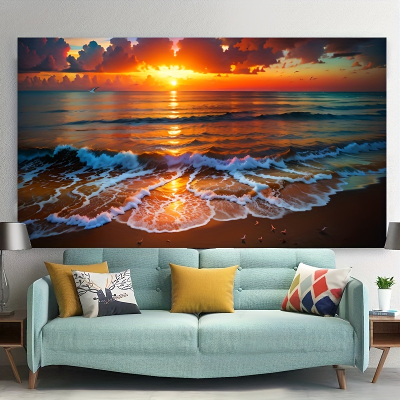 Hd Ocean Sunset Tapestry With Waves And Birds Flying In The