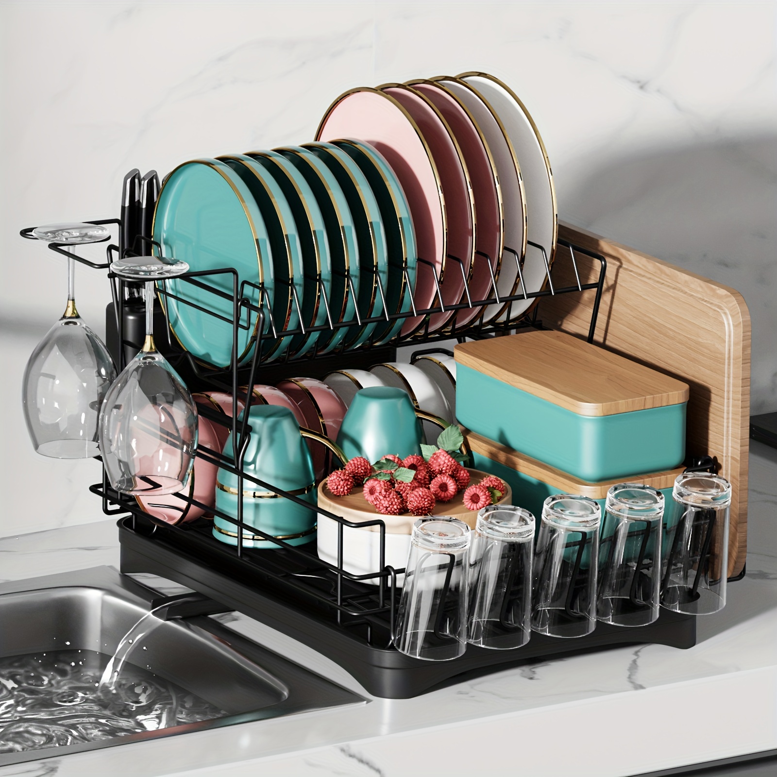 2 tier Rustproof Dish Drying Rack With Drainboard Wine Glass - Temu