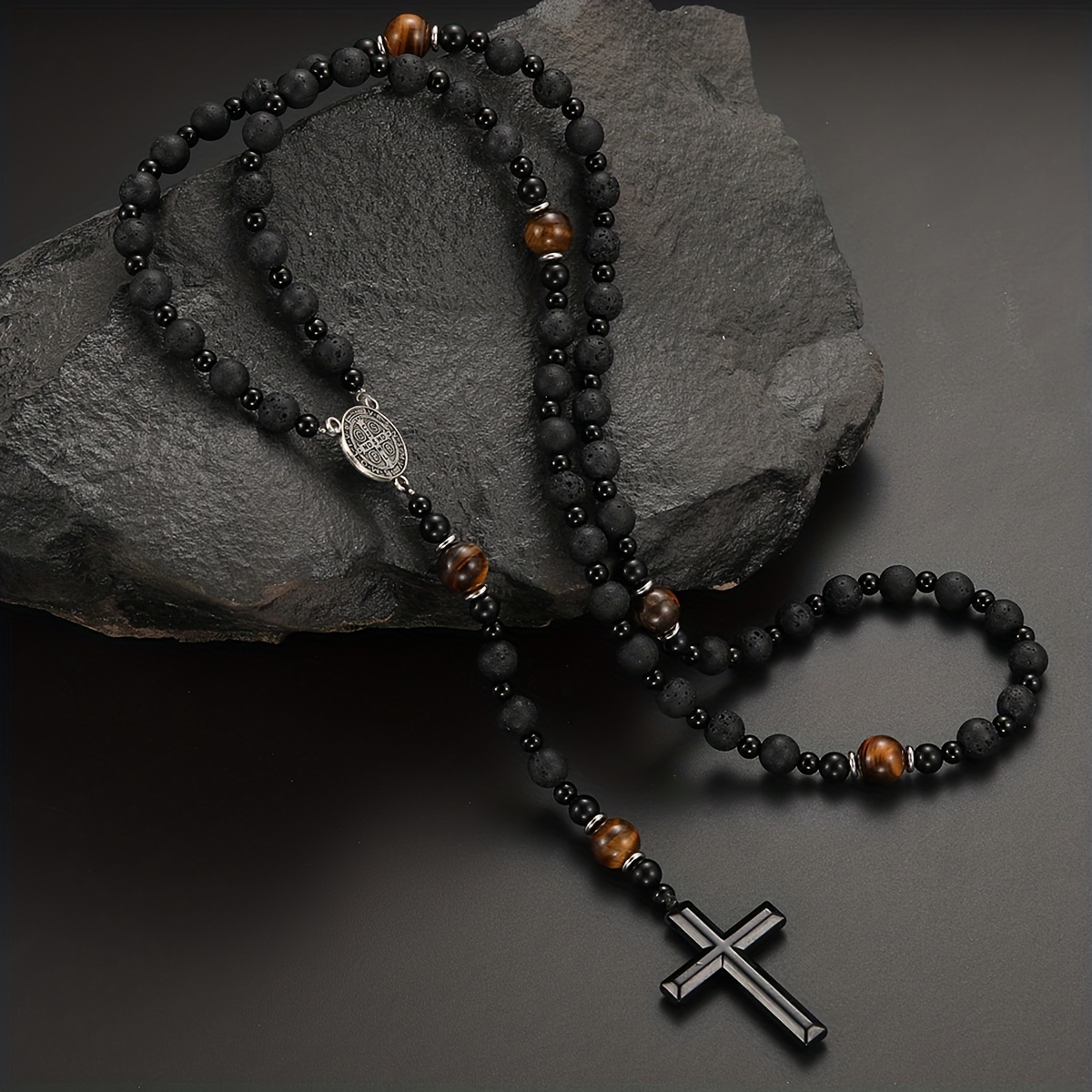 

1pc Natural Volcanic Rock Black Agate Yellow Tag Cross Pendant Rosary Jewelry For Men And Women