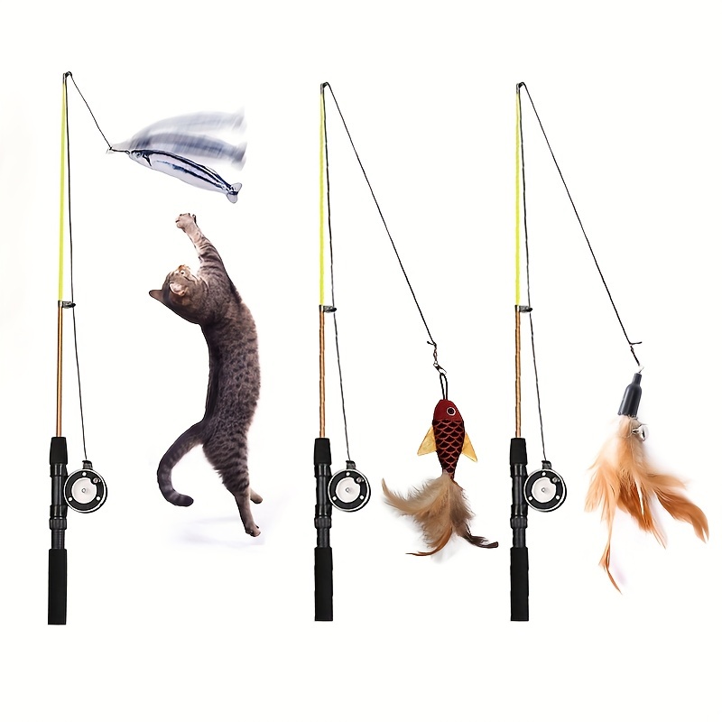 Funny Cat Stick Realistic Flexible Interactive Pulley Telescopic Fishing  Rod Cat Toy for Cats(Red Fish Fishing Rod ) 