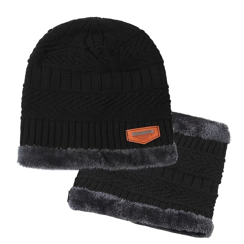 2-Piece Men'S Warm Hat Neck Cover With Plush Warm Knit Hat