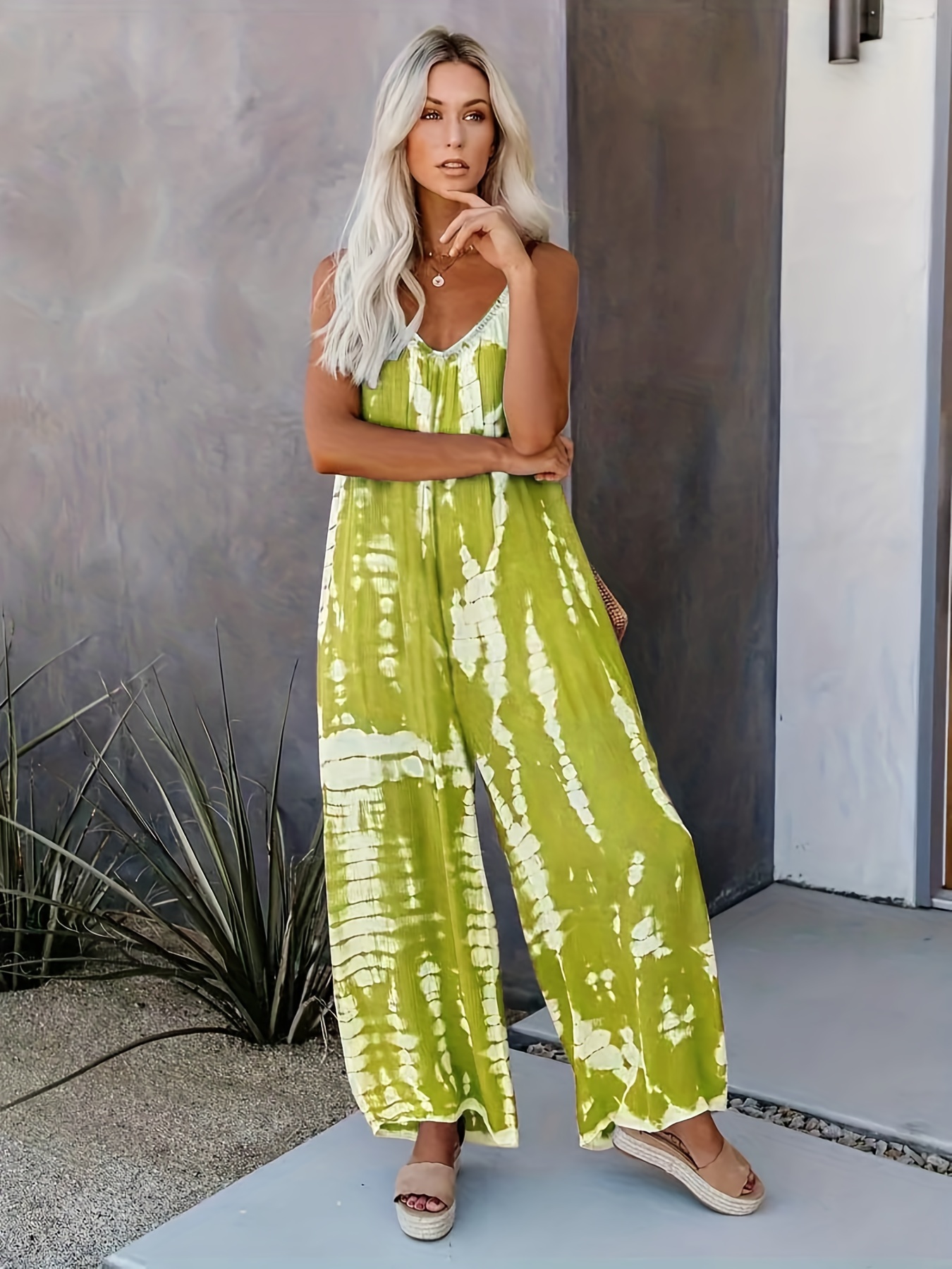 Plus Size Boho Jumpsuit, Women's Plus Tie Dye V Neck Medium Stretch Loose  Fit Jumpsuit