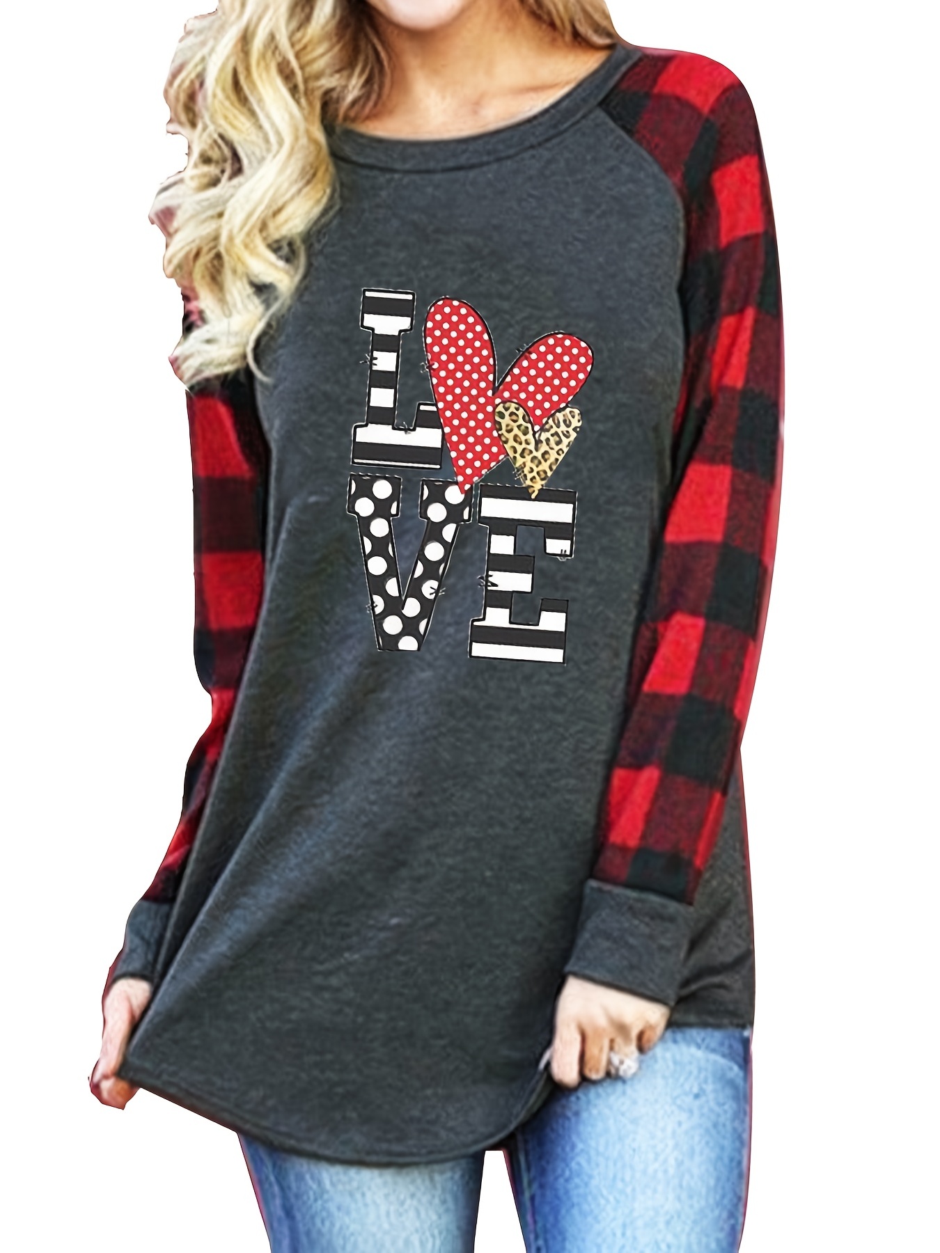 Plaid Love Crew Neck T Shirt Casual Loose Raglan Long Sleeve