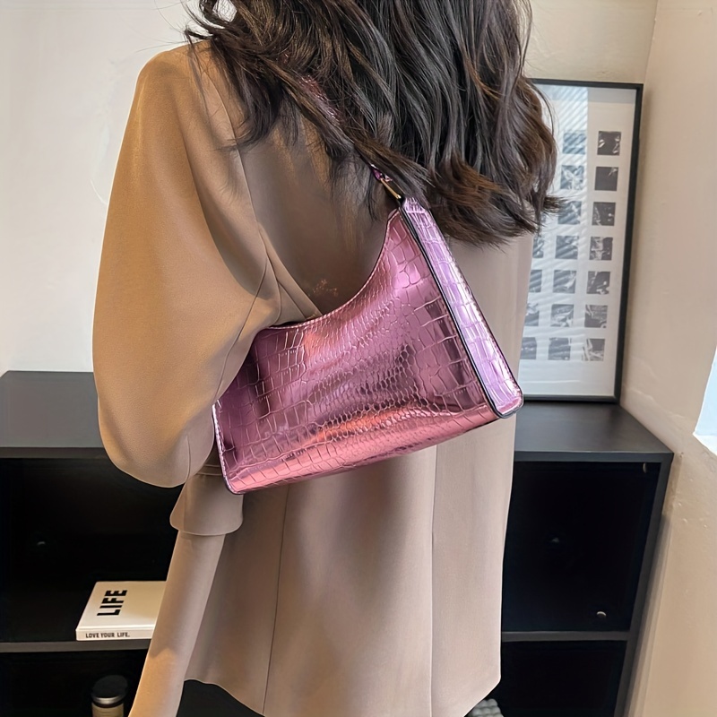 Crocodile Embossed Baguette Bag Hot Pink Fashionable Shoulder Bag