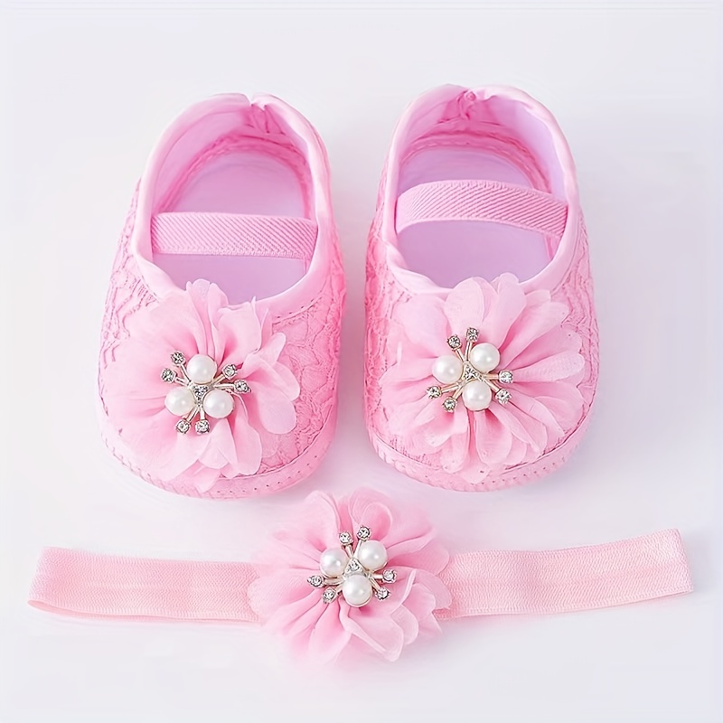 

Trendy Elegant Flower Shoes With Hairband Set For Baby Girls, Comfortable Lightweight Non Slip Soft Flat Sole Shoes For Indoor Outdoor Party, All Seasons