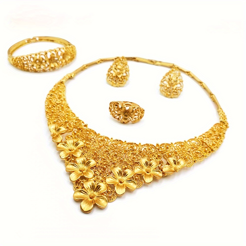 24k gold plated jewelry set 5pcs set 1 necklace 1 bracelet 1 ring 2 earrings   dubai ladies wedding jewelry set european and african bride wedding jewelry set necklace bracelet earrings ring   set     details 4