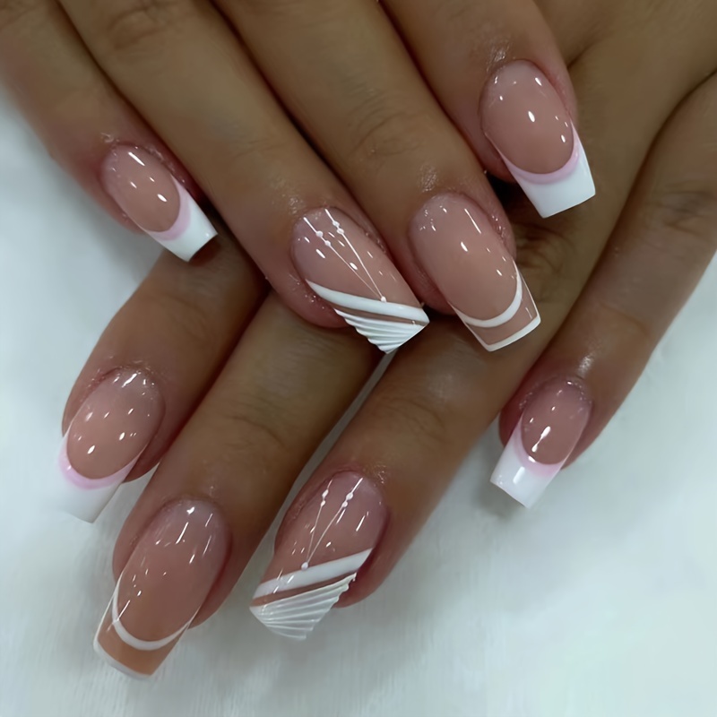 Glossy Long Square Fake Nails Nude Press On Nails With - Temu
