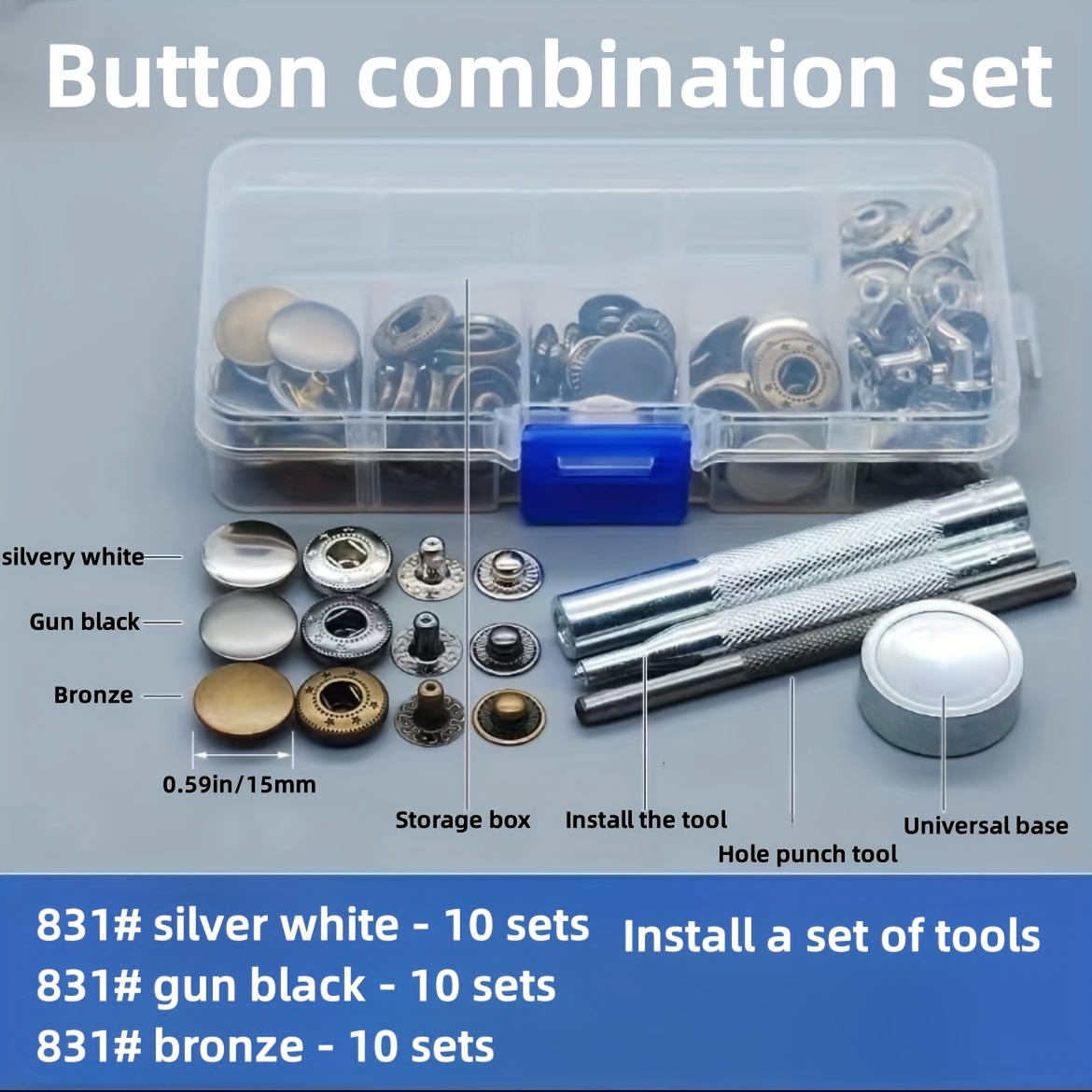 Leather Snap Fasteners Kit,10/12/15mm Metal Button Snaps Press
