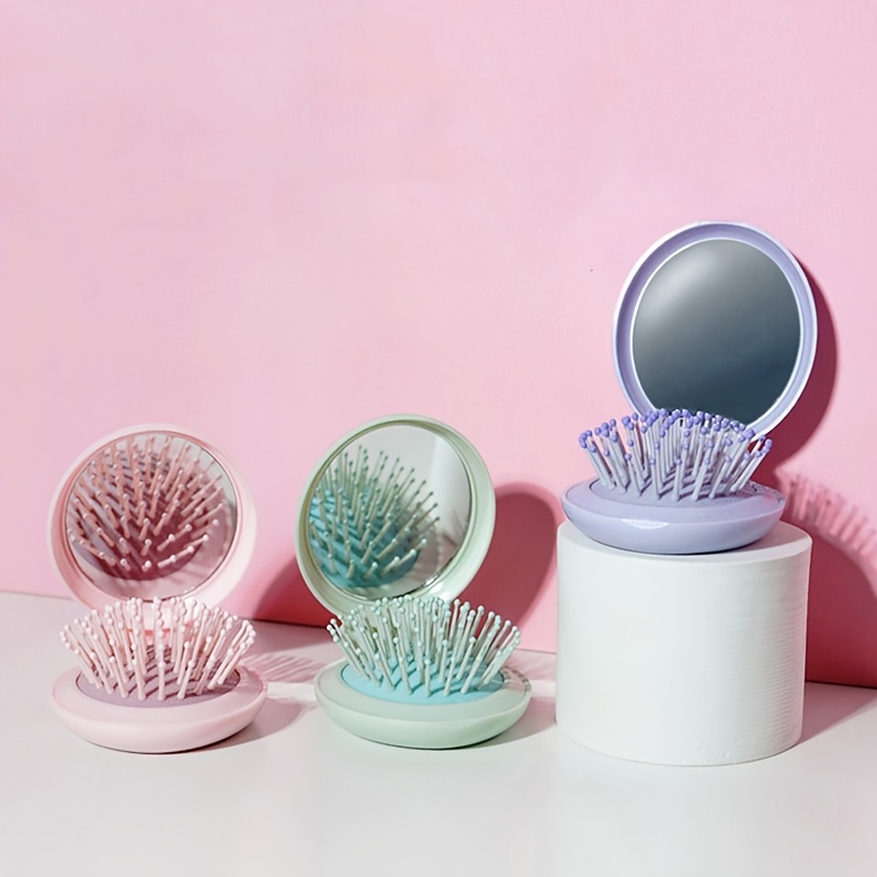 Folding Hair Brush With Mirror Round Mini Compact Massage - Temu