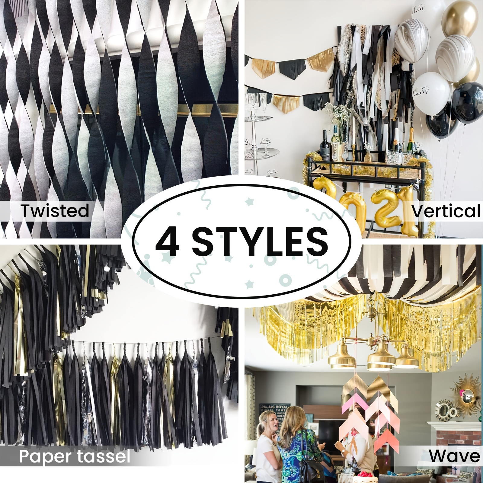 Crepe Paper Streamers12 Pcs Gold Streamers, Silver and Black Streamers  Party for Birthday Party Wedding