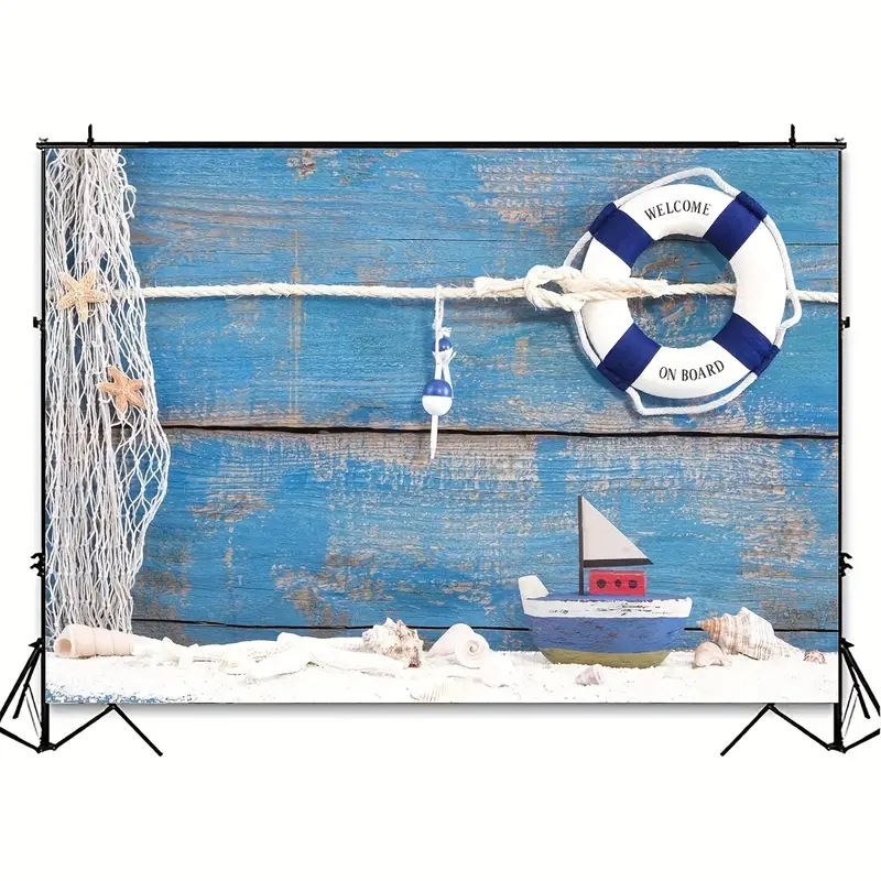Fabric Nautical Backdrop Life Buoy Boat Shells Blue Wooden - Temu