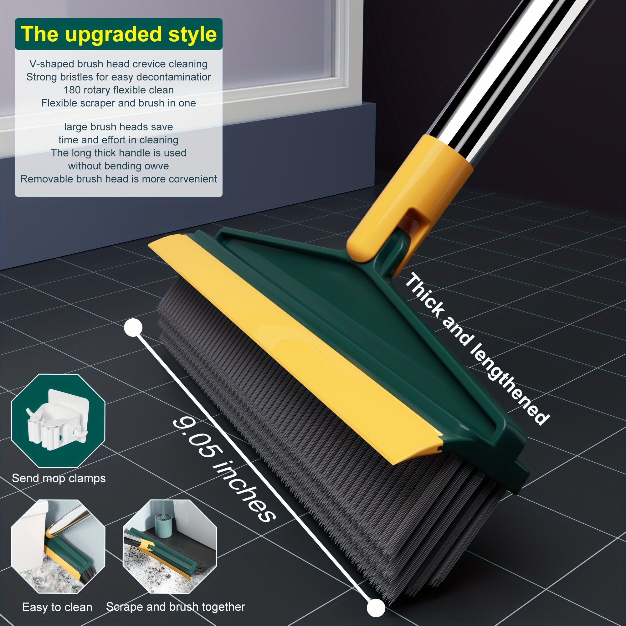 Floor Scrub Brush 2 In 1 Cleaning Long Handle Kitchen Bathroom Tools Gap  Crevice Squeegee Toilet Broom Mop For Scraping Rotating