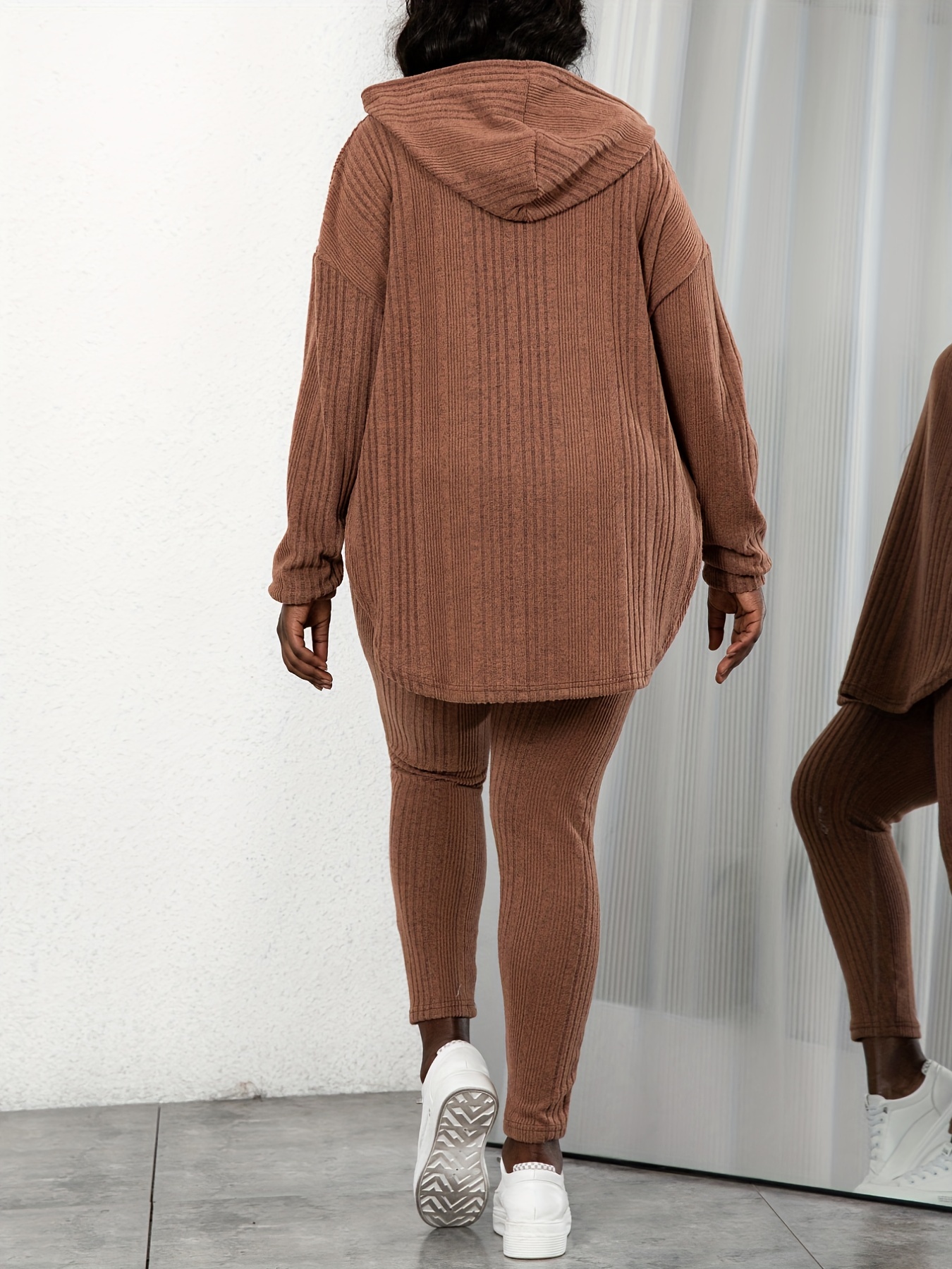 Plus Size Rib Knit Solid Long Sleeve Hoodie Tops Leggings - Temu Canada