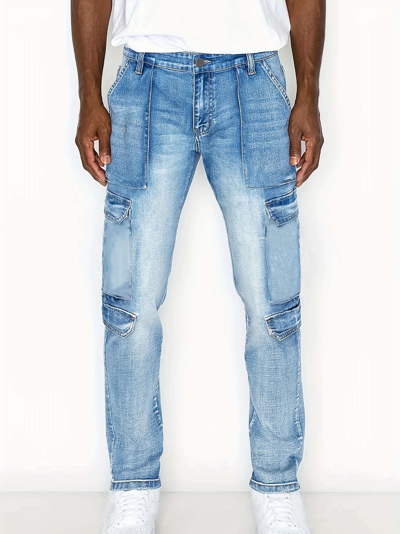 Loose Fit Multi Pocket Cargo Jeans, Men's Casual Distressed Street Style  Cargo Jeans For The Four Season