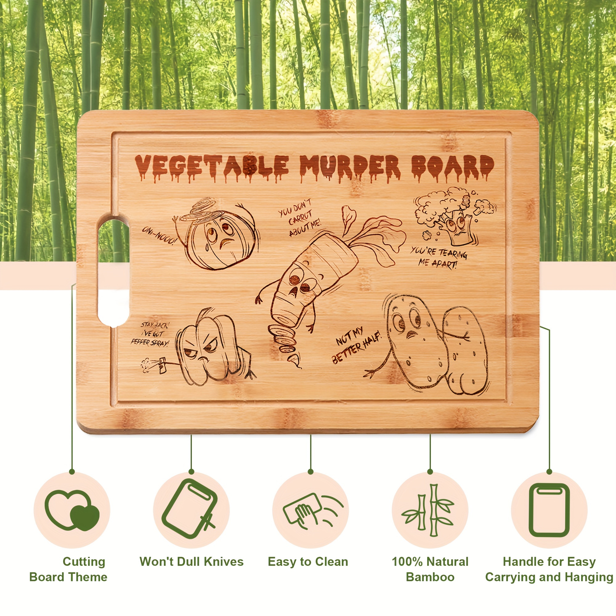 1pc, Chopping Board, Bamboo Cutting Board, Engraving Cutting Board,  Vegetable Murder Cutting Board, Laser Engraved Funny Bamboo Cutting Board,  Humoro