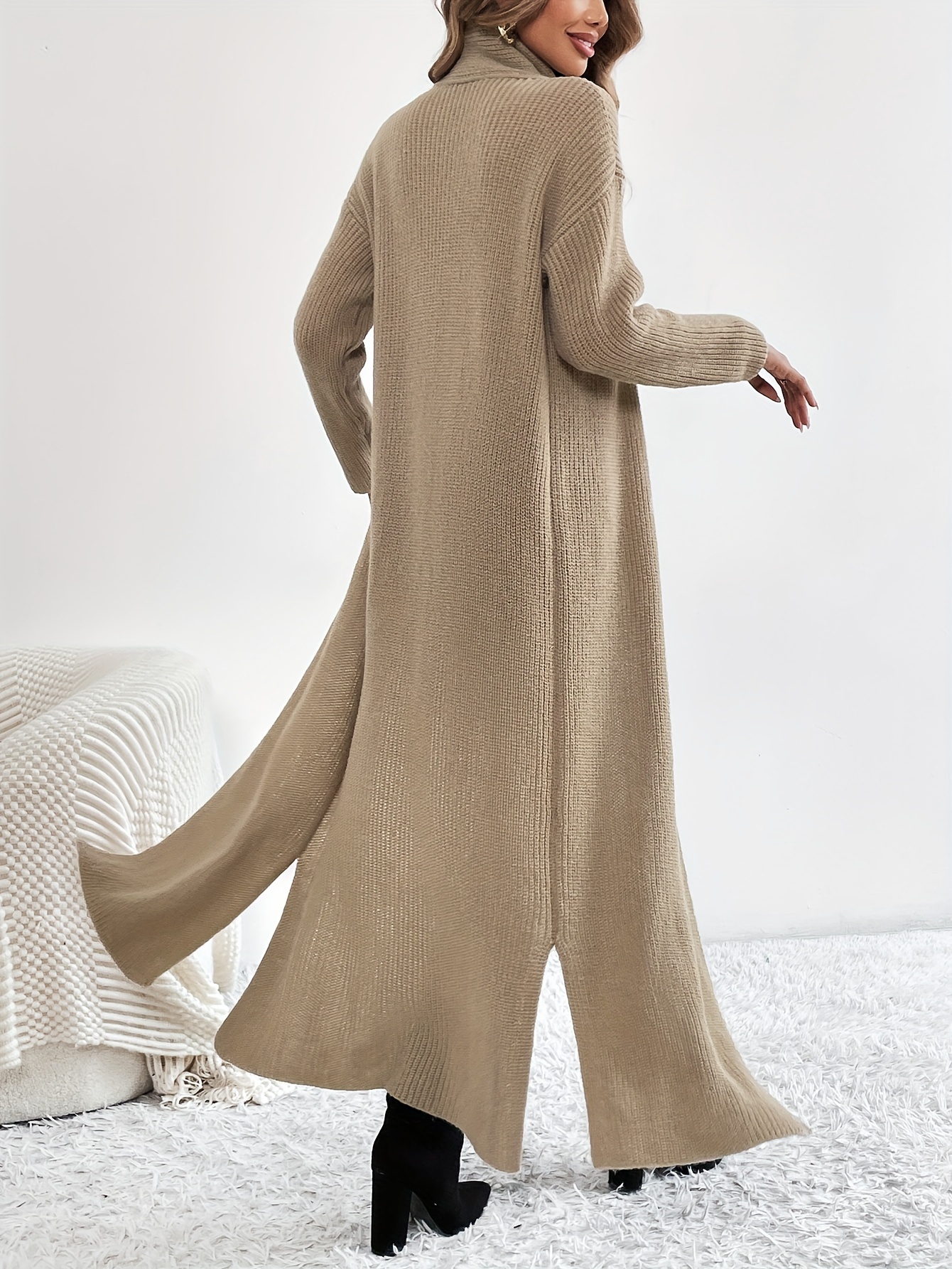 Solid High Neck Split Dress Elegant Long Sleeve Maxi Dress - Temu