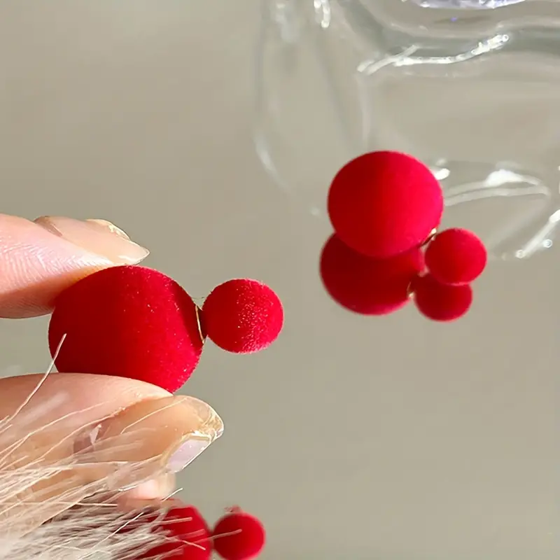Red Double sided Spherical Flocked Balls Earrings One Big - Temu