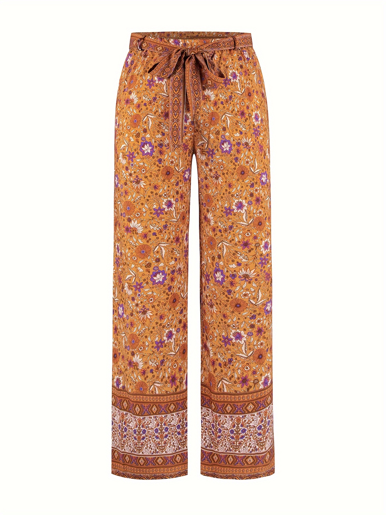 Plus Size Boho Pants, Women's Plus Paisley Floral Print High * Wide Leg  Trousers With Belt