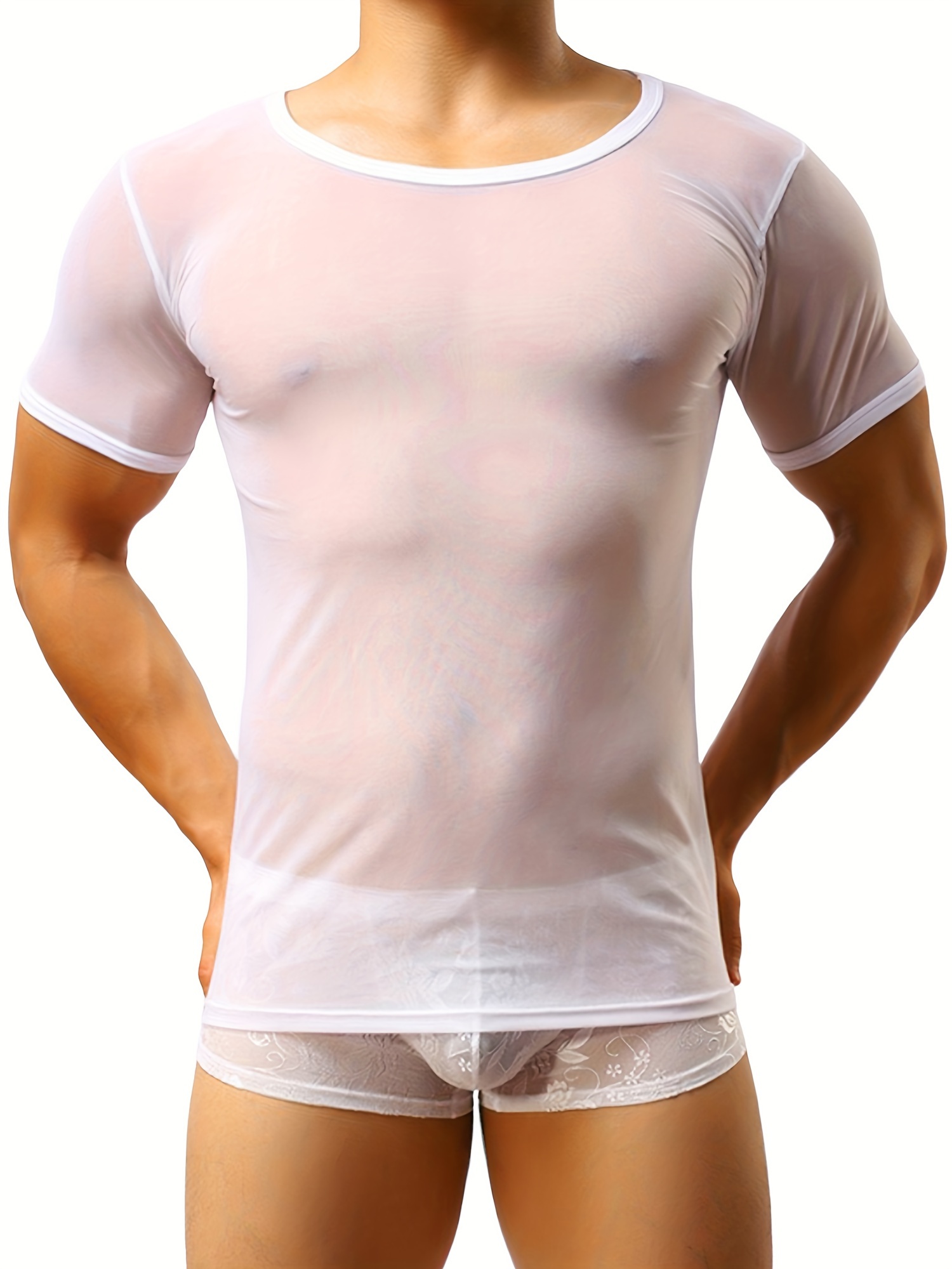 YUFEIDA Men's Sexy Underwear T-Shirt Short Sleeve Mesh Sheer Top