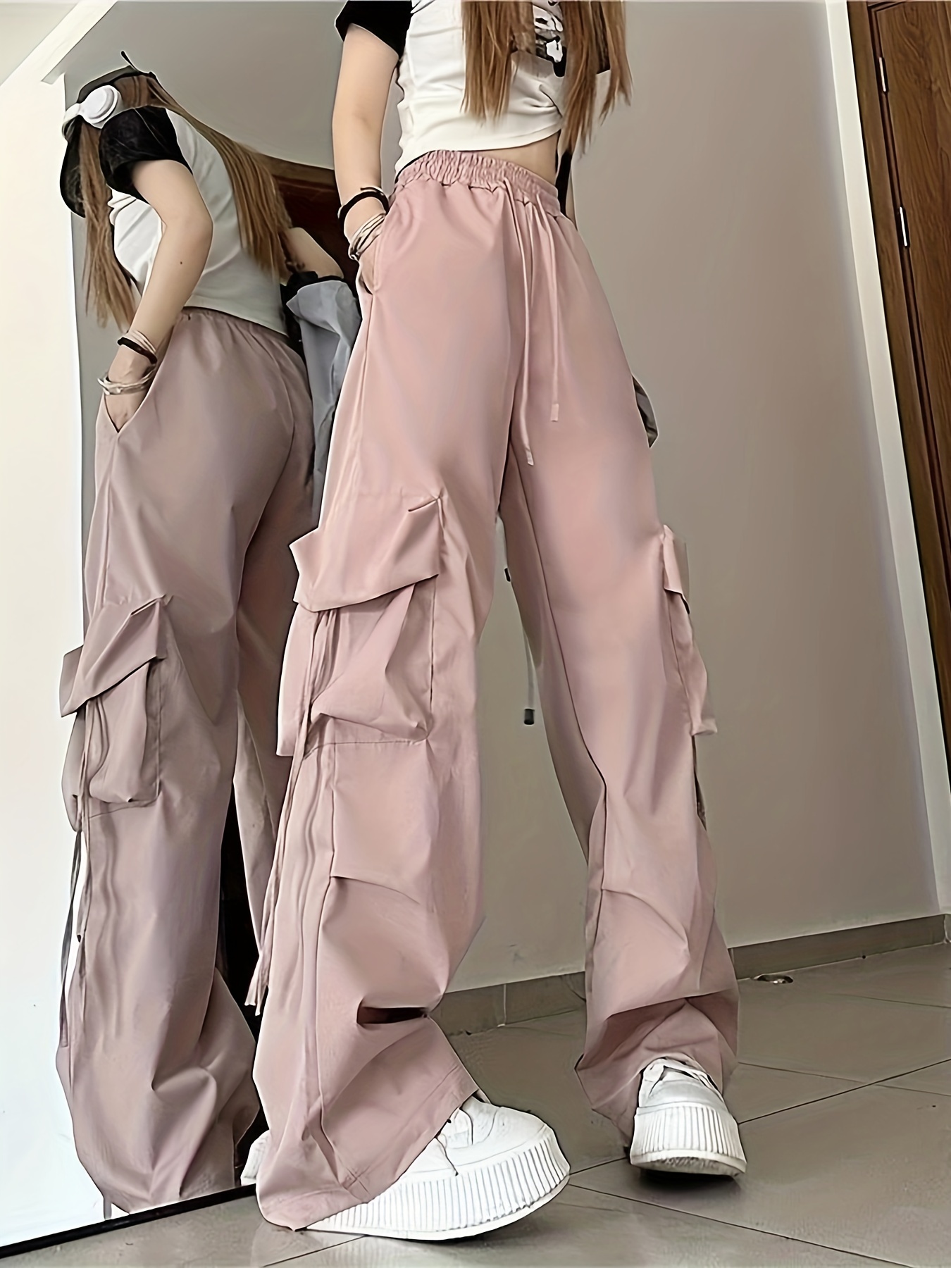 Women Cargo Pants with Pockets Drawstring High Waist Baggy