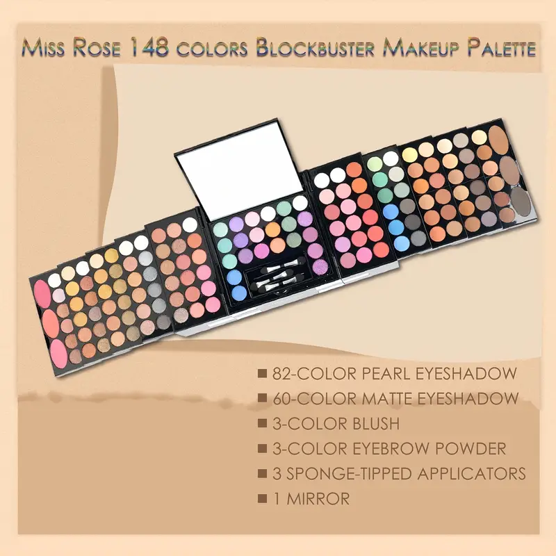 148 color magic cube makeup kit includes 82 color pearly eyeshadow palette 60 color matte eyeshadow 3 color blush 3 color eyebrow powder and 3 sponge sticks with mirror perfect mothers day gift for mom details 0