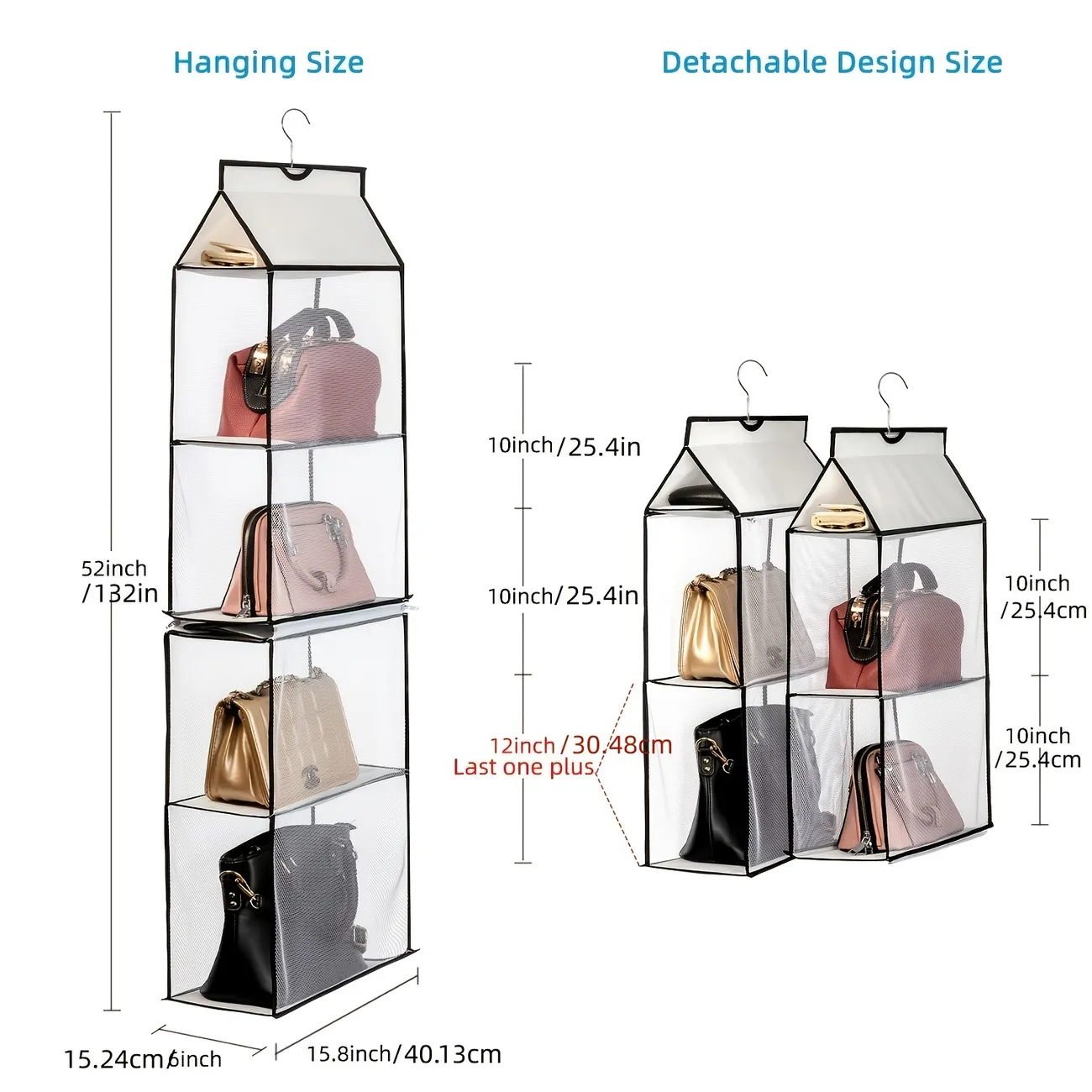Clear Closet Organizer For Handbag & Tote Bag, Detachable Hanging Handbag  Purse Organizer For Closet And Wardrobe With 4 Large Heavy-duty Mesh  Shelves Handbag Storage Bag, Detachable Design Closet Purse Storage Bag ( /